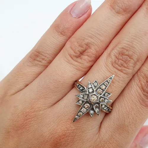 Anel Estrela De Ouro 18k 750 E Diamantes Cognac 1ct