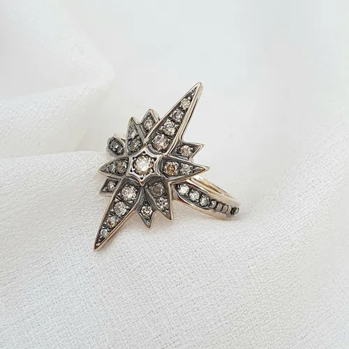 Anel Estrela De Ouro 18k 750 E Diamantes Cognac 1ct