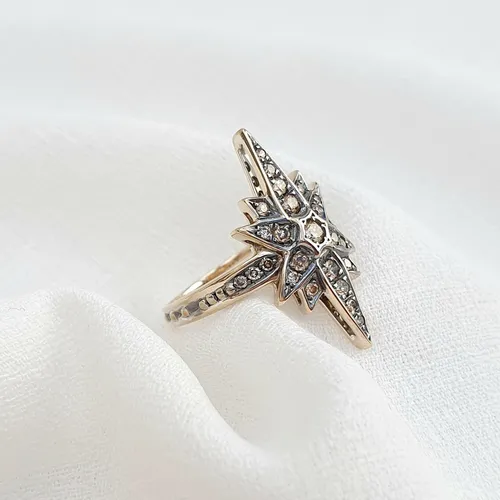 Anel Estrela De Ouro 18k 750 E Diamantes Cognac 1ct