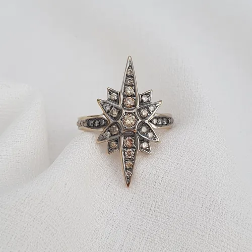 Anel Estrela De Ouro 18k 750 E Diamantes Cognac 1ct